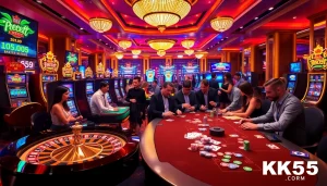 Engaging players at KK55 enjoy a thrilling roulette experience with vibrant casino elements.