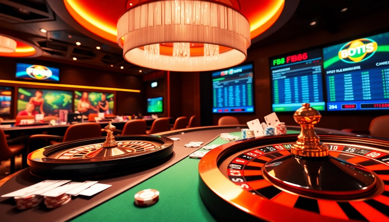 Experience the thrill of FB88 with vibrant casino action including roulette and poker games.