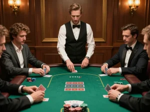 B52Club players engaged in an intense poker game at a luxurious casino table.