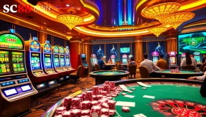 Experience the thrill of gambling at Nhà Cái SC88 Nổ Hũ with vibrant slot machines and dynamic gaming tables.