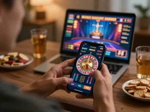 Player using the bl555 mobile app for live casino gaming, enjoying a relaxed atmosphere with snacks.