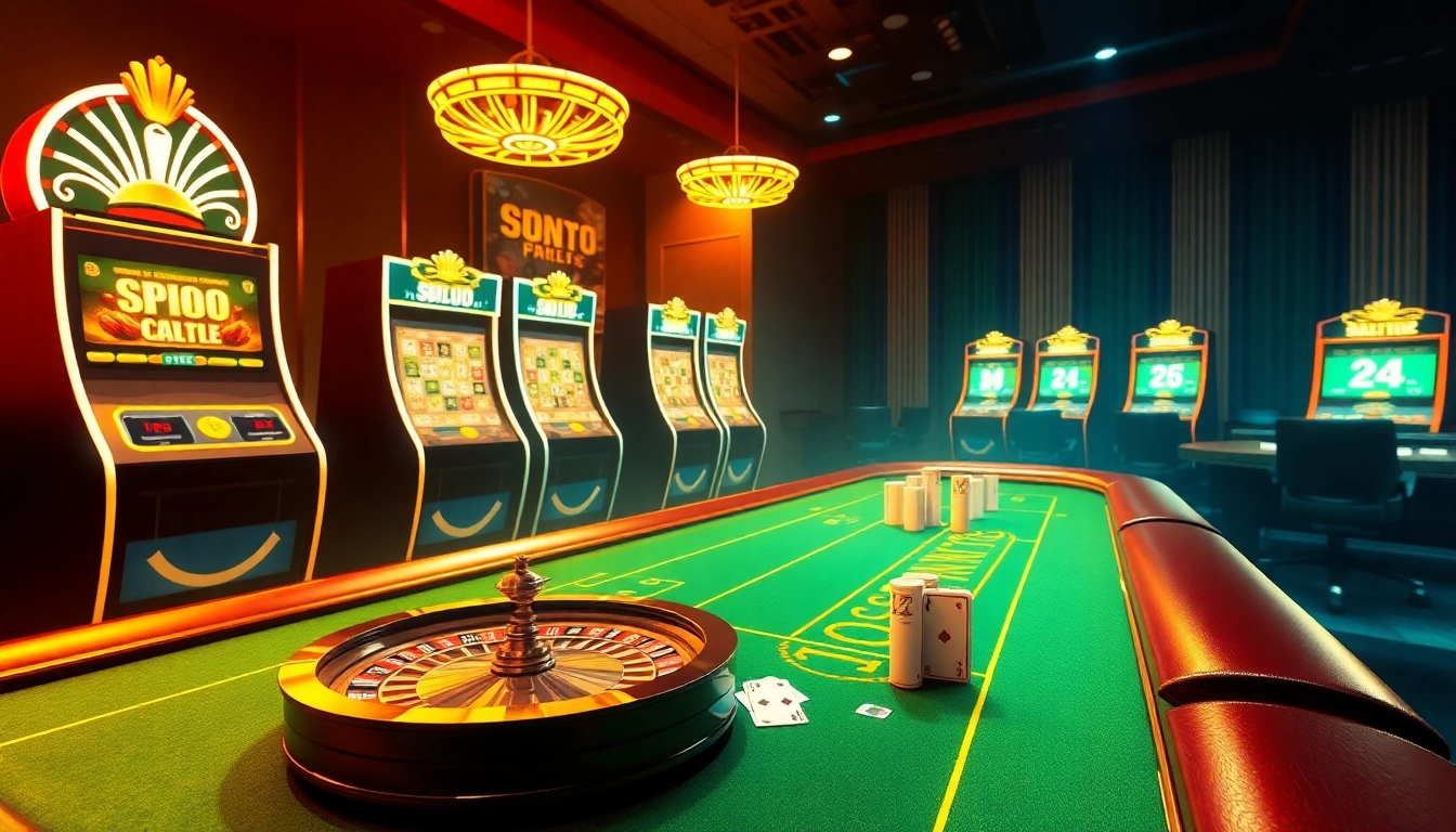 An exciting gambling scene featuring slot machines and cards, highlighting https://nekatwin.com/ gaming options for players.