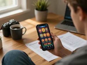 Player exploring to188 strategies on a smartphone in cozy home office, featuring online game interface and notes.
