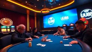 Players strategically betting at a UU88 poker table in a glamorous casino setting.