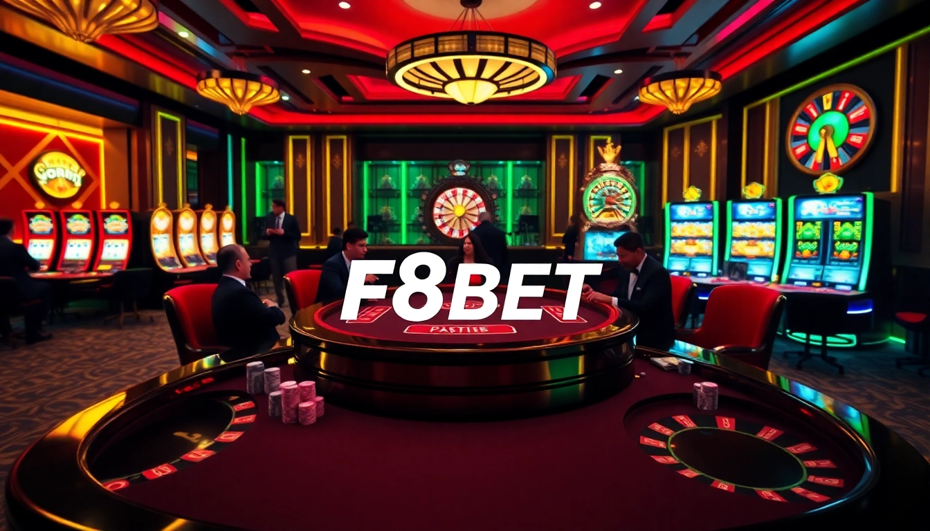 F8BET logo on a luxurious gaming table with players and slot machines in a casino