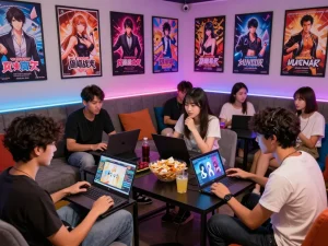 Friends enjoying popular porngames in a vibrant gaming lounge.