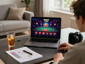 Playing poker online using MM99 COM on a sleek laptop in a cozy home setting