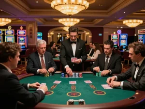 Players engaging in a thrilling blackjack game at 388bet casino, showcasing strategic moves and lively ambiance