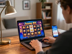 Engaging player enjoying a thrilling session on kong 88 slots from a cozy home setup, laptop screen displaying winning reels.
