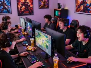 Exciting gaming environment with players immersed in hoki288 online games, showcasing vibrant screens and dynamic atmosphere.