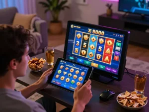 Engaging online Slot x500 gameplay with vibrant reels spinning on tablet screen, showcasing a player's focused interaction.