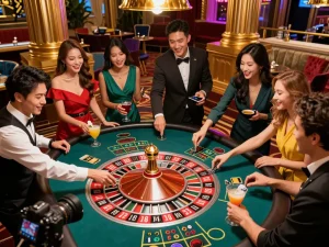 Excited players at a roulette table enjoying their time at 98win casino.
