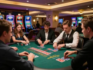 Players at a tic 88 blackjack table making strategic decisions during an intense game.