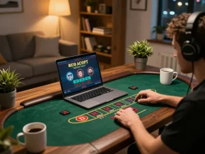 Player enjoying an exciting online baccarat game on 33win from a cozy home office