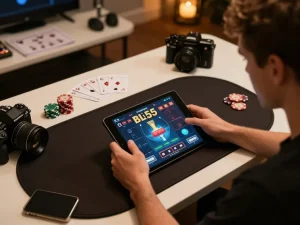 Player engaging with the BL555 online casino interface on a stylish gaming setup, showcasing strategic gameplay in a cozy atmosphere