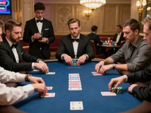 Engaged players at a dinamit4d poker table strategizing their next move amidst a luxurious casino setting
