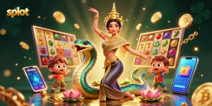 Spin exciting slot games with a beautiful Asian woman in traditional costume and a rainbow-scaled Naga serpent.