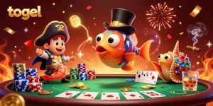 Play togel with excitement in this vibrant 3D casino scene filled with coins and cards.