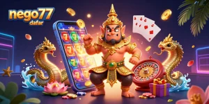 Join the excitement of nego77 daftar with vibrant illustrations of online gaming, slot machines, and lucky symbols.