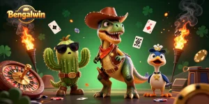 Bengalwin provides an exciting online casino experience with a lively illustration of characters representing various gaming elements.
