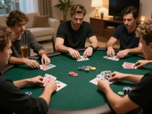 Engaging poker game scenario at home with players strategizing their moves on 888vi platform.