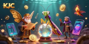KJC players engaging with a mystical fortune teller and golden artifacts in a vibrant casino scene